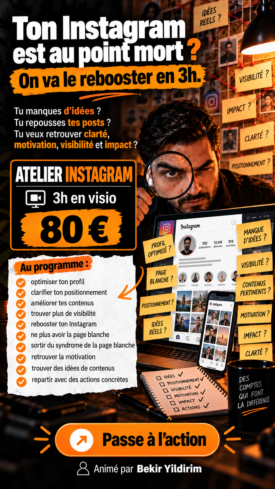 Visuel de l’atelier Instagram : 3 heures en visio, 80 €, pour optimiser son profil, ses contenus, sa visibilité et retrouver des idées.